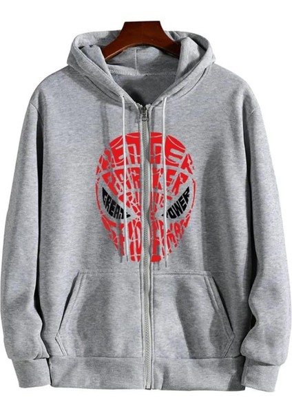 Spider-Man Head Baskılı Oversize Fermuarlı Gri Unisex Kapüşonlu Hırka