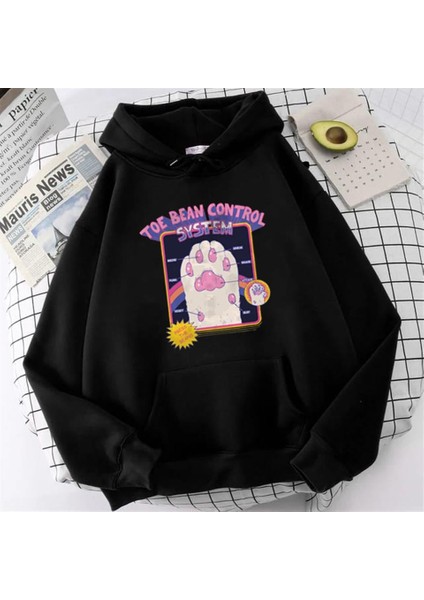Toe Bean Control System Baskılı Siyah Unisex Oversize Kapüşonlu Sweatshirt