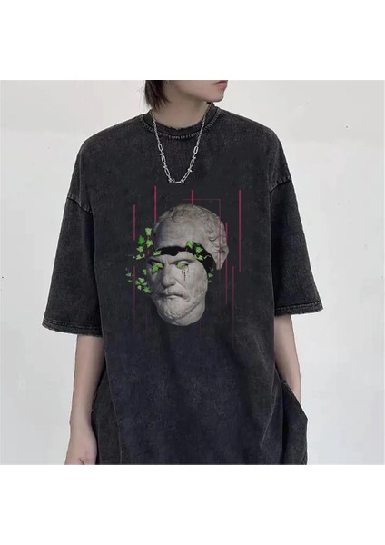 Yıkamalı Sculpture Art & Leafs Eskitme T-Shirt