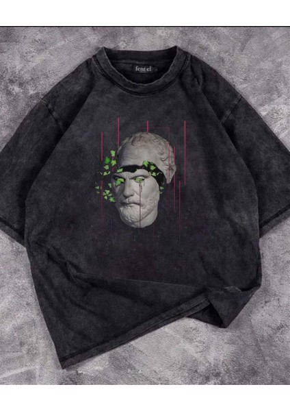 Yıkamalı Sculpture Art & Leafs Eskitme T-Shirt