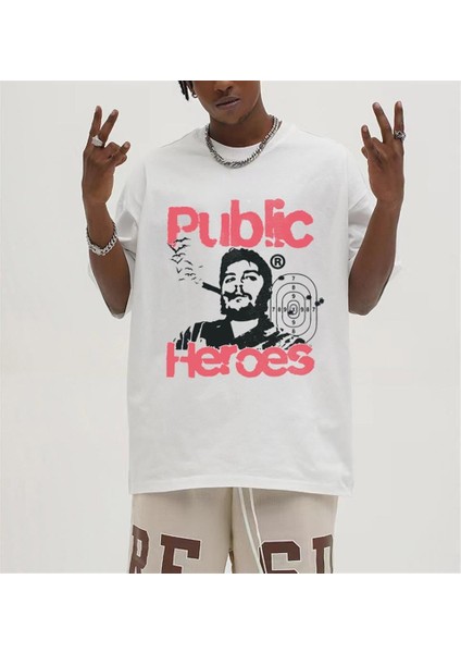Public Heroes Baskılı Beyaz Unisex Oversize T-Shirt