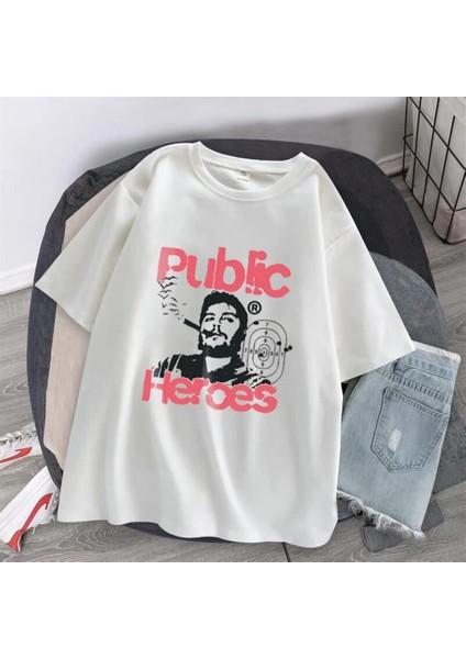 Public Heroes Baskılı Beyaz Unisex Oversize T-Shirt