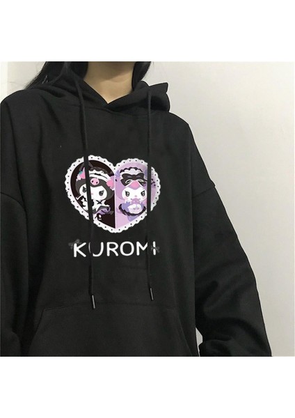 Heart Kuromi Baskılı Siyah Kapüşonlu Sweatshirt