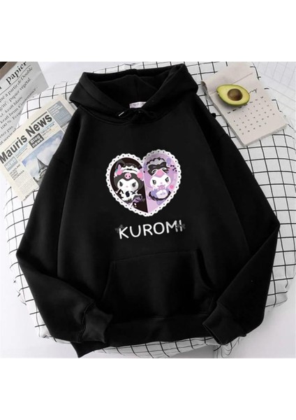 Heart Kuromi Baskılı Siyah Kapüşonlu Sweatshirt
