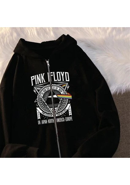 Pink Floyd Baskılı Oversize Fermuarlı Siyah Unisex Kapüşonlu Hırka