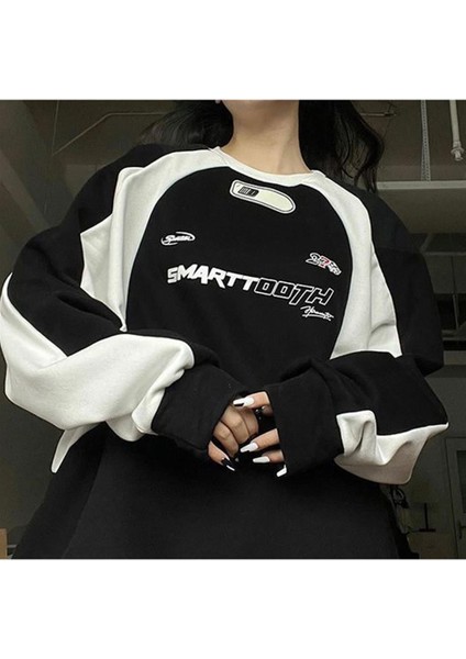 Y2K Streetwear Smarttooth Baskılı Siyah Unisex Oversize Bisiklet Yaka Sweatshirt