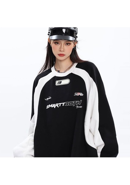 Y2K Streetwear Smarttooth Baskılı Siyah Unisex Oversize Bisiklet Yaka Sweatshirt