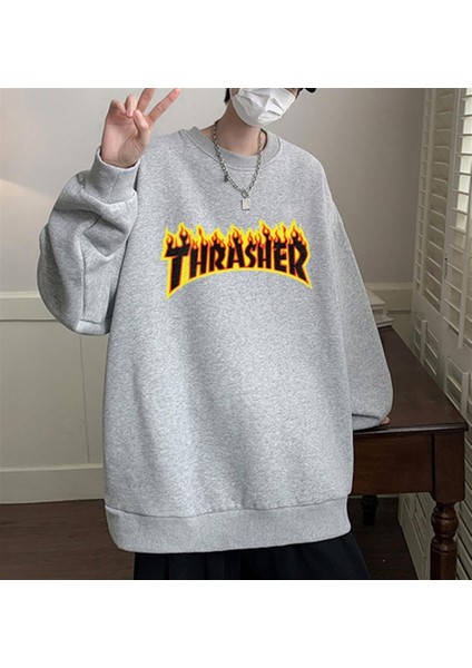 Thrasher Baskılı Gri Unisex Oversize Bisiklet Yaka Sweatshirt