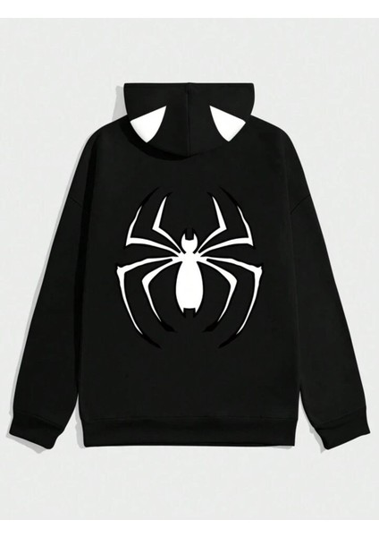 Unisex Spider Baskılı Kapşonlu Siyah Sweatshirt