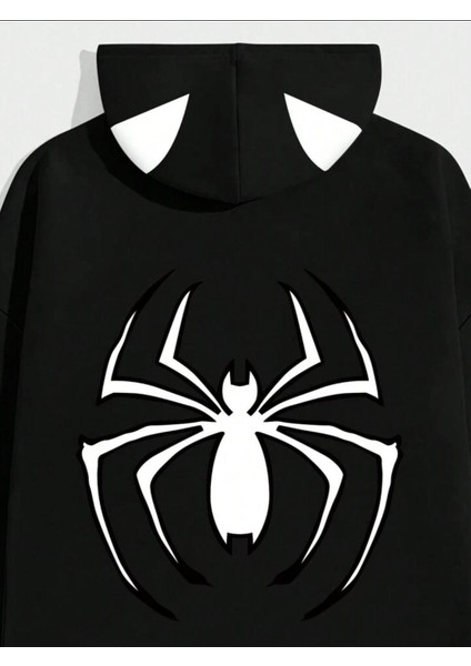 Unisex Spider Baskılı Kapşonlu Siyah Sweatshirt