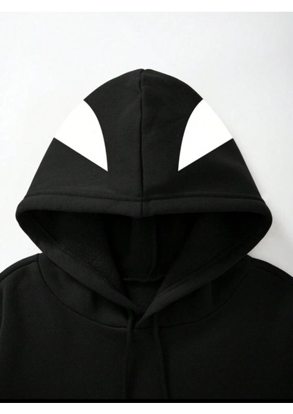 Unisex Spider Baskılı Kapşonlu Siyah Sweatshirt