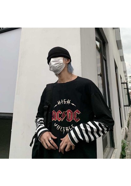 Ac-Dc Baskılı Fake Sleeves Siyah T-Shirt