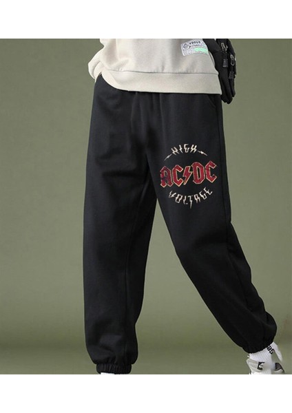 Rock Serisi Ac/dc Logo Baskılı Oversize Unisex Siyah Eşofman Altı