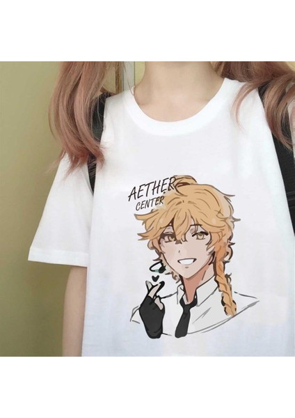 Genshin Impact Aether Baskılı Beyaz Unisex Oversize T-Shirt