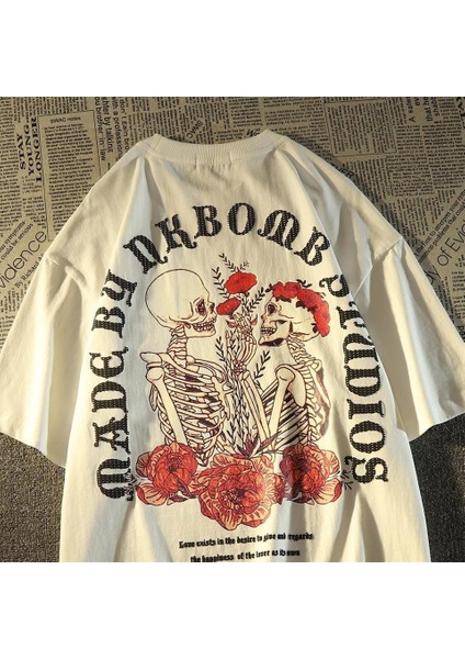 Skulls In Love & Roses Sırt Baskılı Beyaz Unisex Oversize T-Shirt