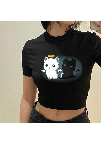 Angel And Devil Cat Siyah Crop