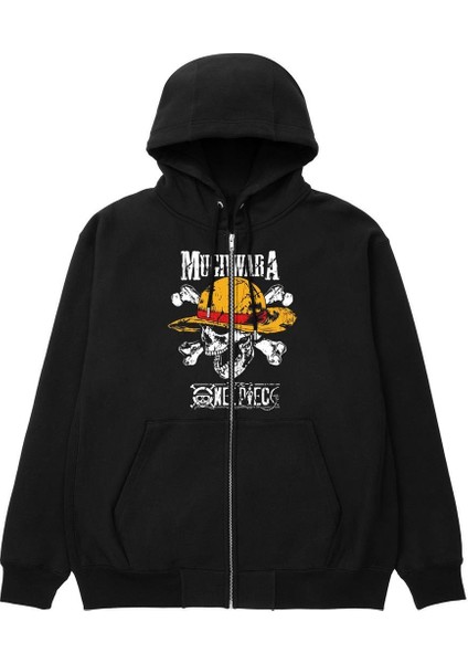 One Piece Mugiwara Baskılı Oversize Fermuarlı Siyah Unisex Kapüşonlu Hırka fiyatları