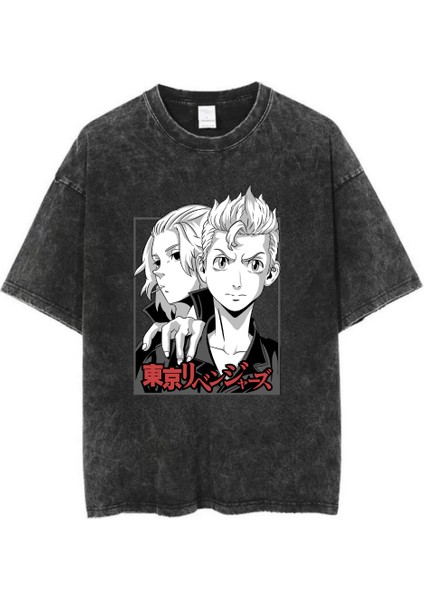 Yıkamalı Anime Tokyo Revengers Baskılı Oversize Vintage T-Shirt