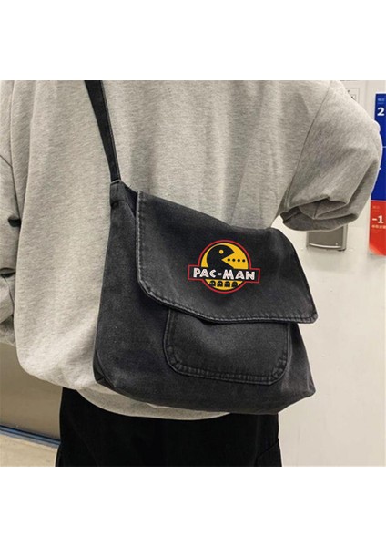 Pac-Man Baskılı Vintage Unisex Gri Kot Postacı Çantası