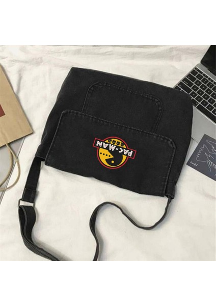 Pac-Man Baskılı Vintage Unisex Gri Kot Postacı Çantası