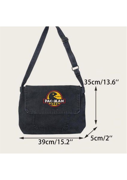 Pac-Man Baskılı Vintage Unisex Gri Kot Postacı Çantası