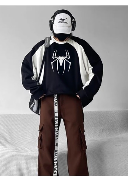 Y2K Streetwear Spider Baskılı Siyah Unisex Oversize Bisiklet Yaka Sweatshirt