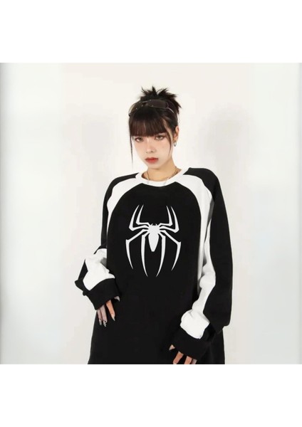 Y2K Streetwear Spider Baskılı Siyah Unisex Oversize Bisiklet Yaka Sweatshirt