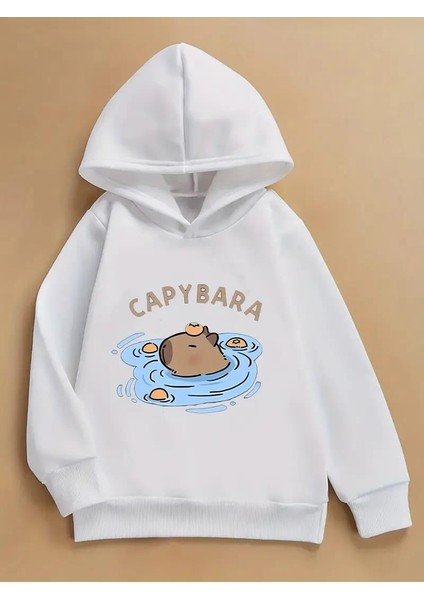 Capybara Beyaz Kapşonlu Sweatshirt