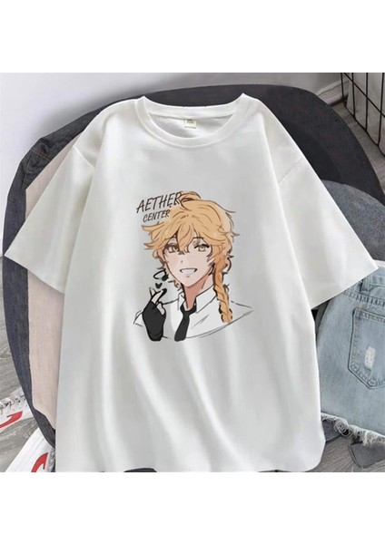 Genshin Impact Aether Baskılı Beyaz Unisex Oversize T-Shirt