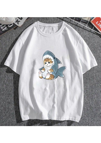 Shark Cat Beyaz Unisex Oversize T-Shirt