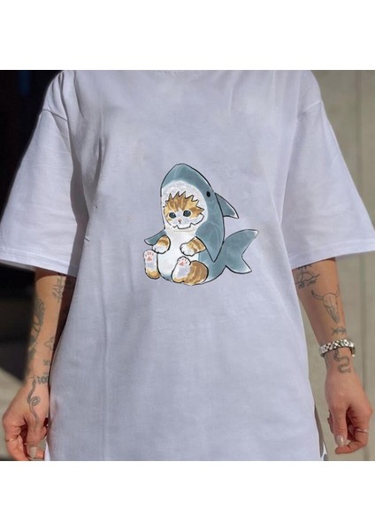 Shark Cat Beyaz Unisex Oversize T-Shirt