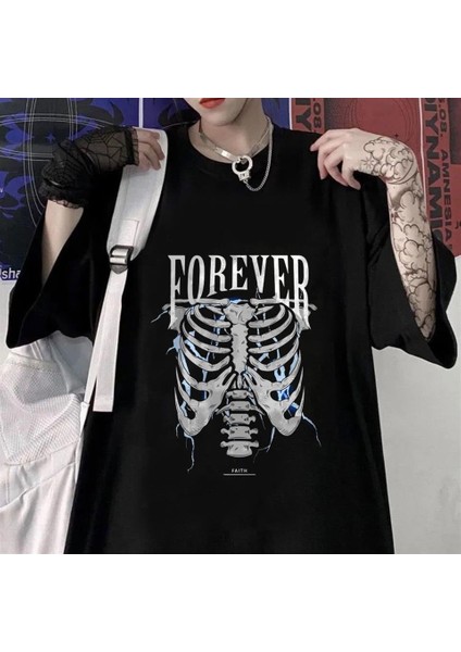 Forever Rib Baskılı Siyah Unisex Oversize T-Shirt