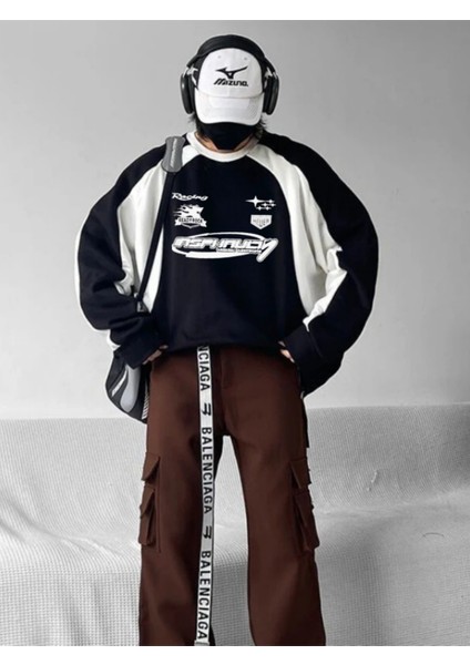 Y2K Streetwear Racing Have Baskılı Siyah Unisex Oversize Bisiklet Yaka Sweatshirt