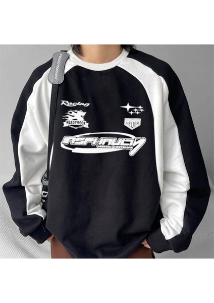 Y2K Streetwear Racing Have Baskılı Siyah Unisex Oversize Bisiklet Yaka Sweatshirt