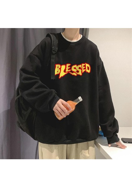 Blessed Baskılı Siyah Unisex Oversize Bisiklet Yaka Sweatshirt