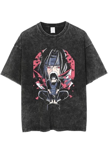 Yıkamalı Anime Naruto Itachi Baskılı Oversize Vintage T-Shirt
