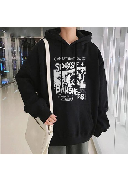 Siouxsie Banshees Baskılı Siyah Unisex Oversize Kapüşonlu Sweatshirt