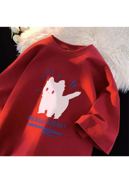 Wow Cat Baskılı Kırmızı Unisex Oversize T-Shirt