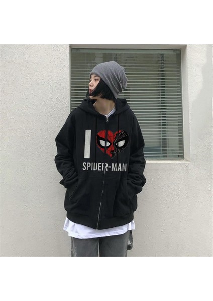 I Love Spider-Man Baskılı Oversize Fermuarlı Siyah Unisex Kapüşonlu Hırka