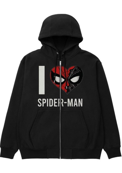 I Love Spider-Man Baskılı Oversize Fermuarlı Siyah Unisex Kapüşonlu Hırka fiyatları