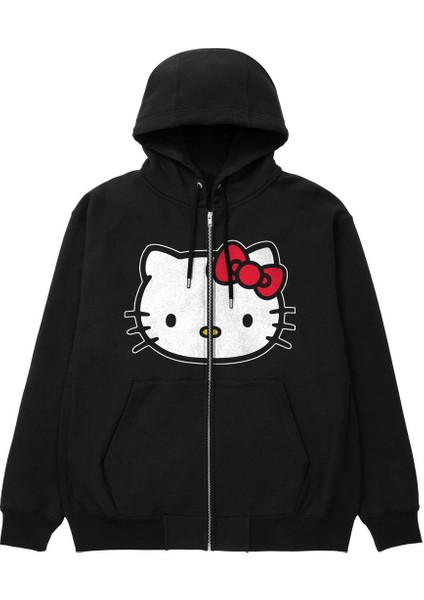 Hello Kitty Head Baskı Oversize Fermuarlı Siyah Unisex Kapüşonlu Hırka