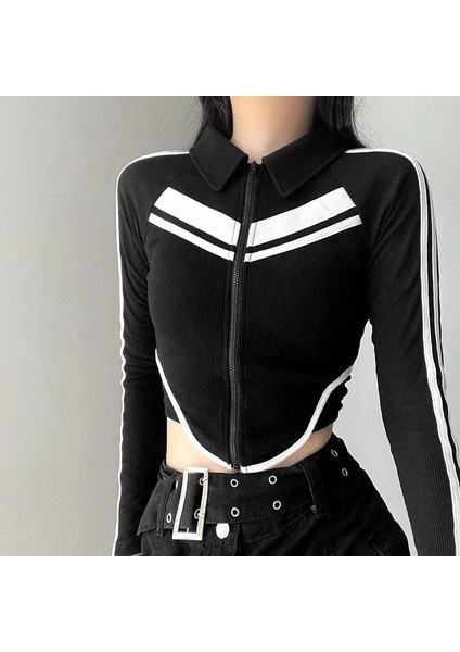 Y2K Moto Biker Şeritli Uzun Kol Baskılı Crop Bluz
