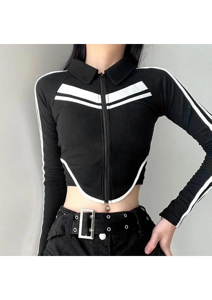 Y2K Moto Biker Şeritli Uzun Kol Baskılı Crop Bluz modelleri
