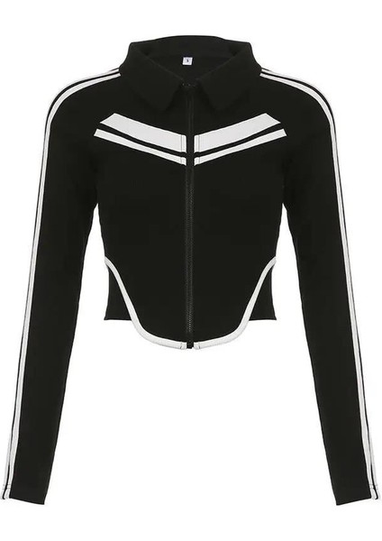 Y2K Moto Biker Şeritli Uzun Kol Baskılı Crop Bluz indirimleri