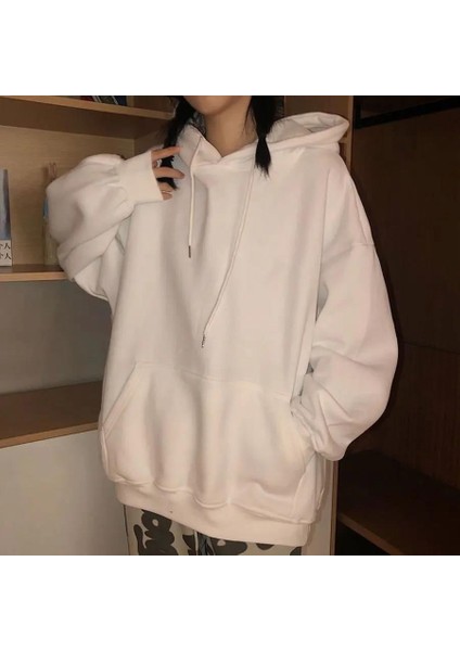 Basic Düz Oversize Unisex Beyaz Kapşonlu Hoodie Sweatshirt