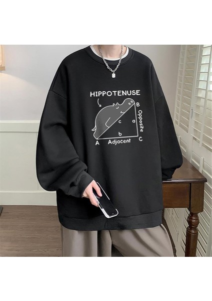 Hippotenuse Baskılı Siyah Unisex Oversize Bisiklet Yaka Sweatshirt