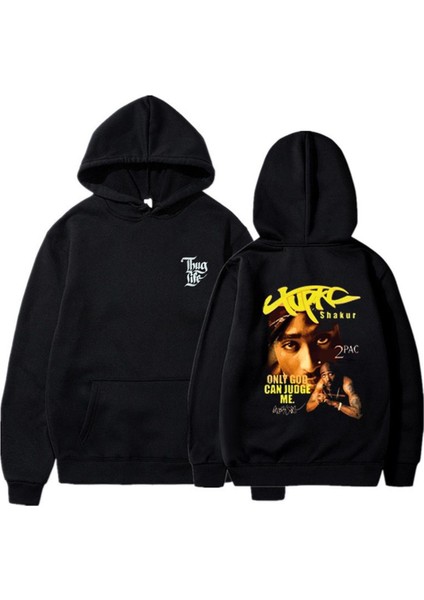 Tupac Shakur Baskılı Siyah Unisex Oversize Kapüşonlu Sweatshirt