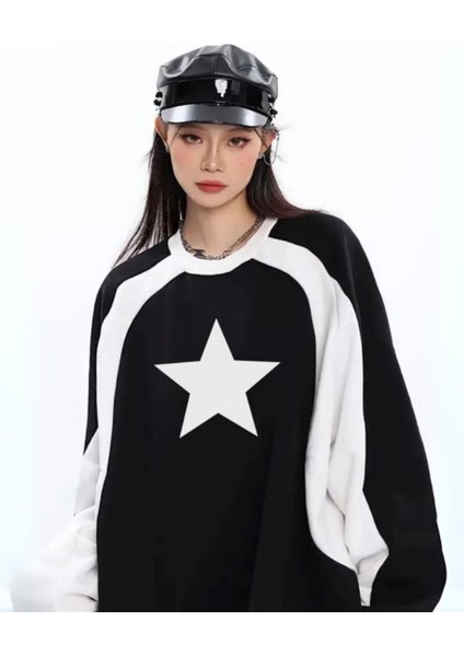 Y2K Streetwear Star Baskılı Siyah Unisex Oversize Bisiklet Yaka Sweatshirt