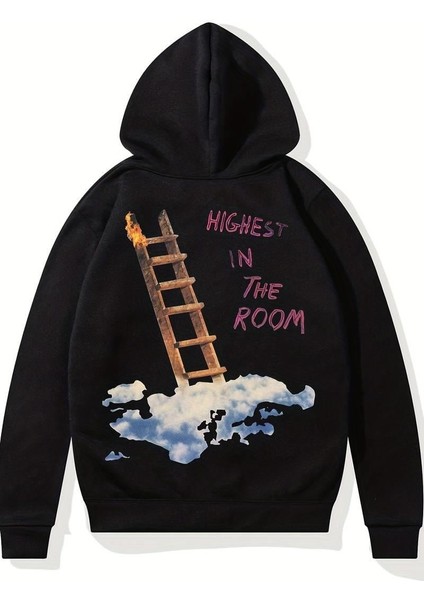 3D Ladder In The Sky Siyah Kapşonlu Sweatshirt