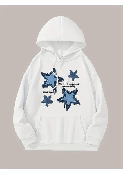 Denim Star Baskılı Kapşonlu Beyaz Sweatshirt